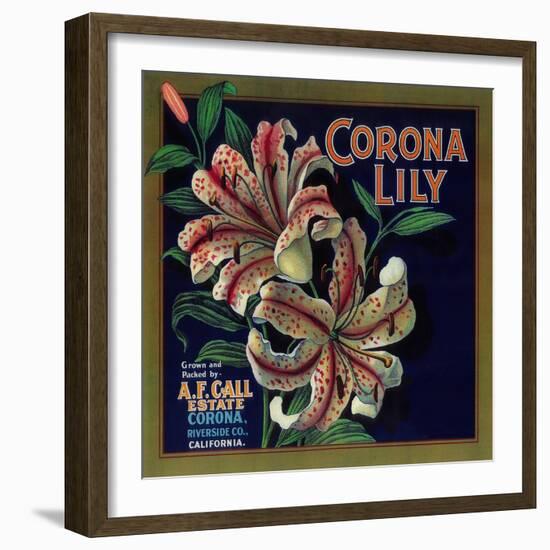 Corona Lily Orange Label - Corona, CA-Lantern Press-Framed Art Print