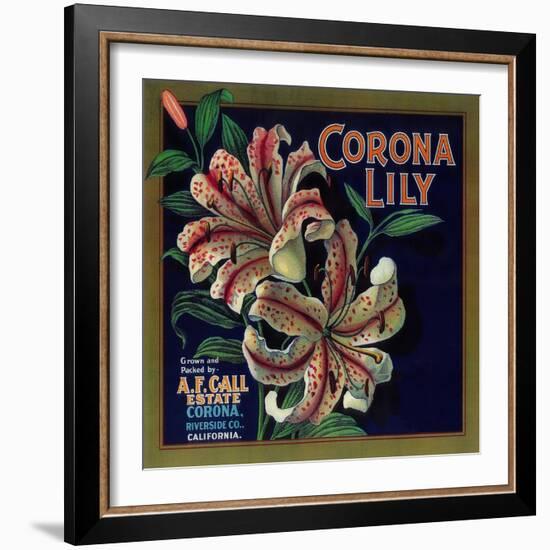 Corona Lily Orange Label - Corona, CA-Lantern Press-Framed Art Print