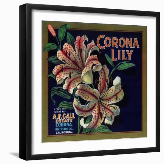 Corona Lily Orange Label - Corona, CA-Lantern Press-Framed Art Print