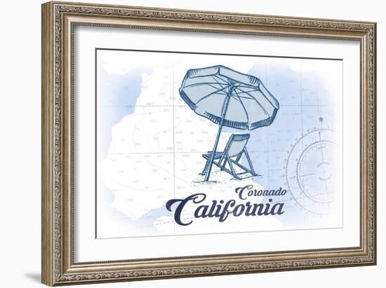 Coronado, California - Beach Chair and Umbrella - Blue - Coastal Icon-Lantern Press-Framed Art Print