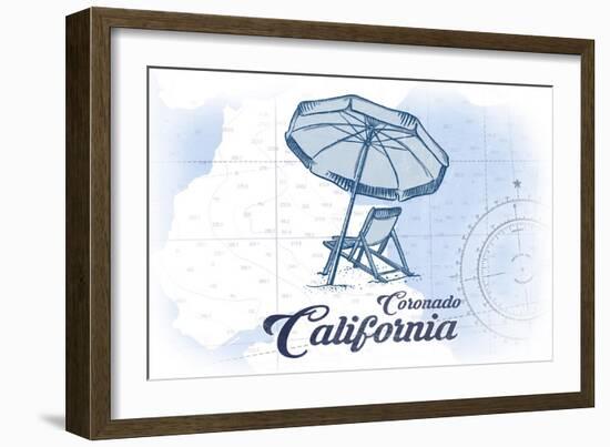 Coronado, California - Beach Chair and Umbrella - Blue - Coastal Icon-Lantern Press-Framed Art Print