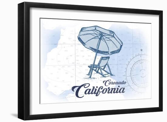 Coronado, California - Beach Chair and Umbrella - Blue - Coastal Icon-Lantern Press-Framed Art Print