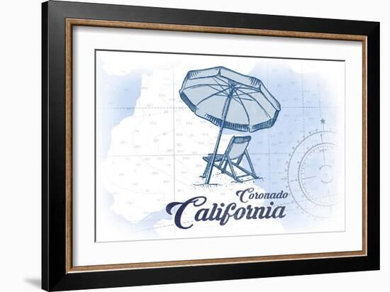 Coronado, California - Beach Chair and Umbrella - Blue - Coastal Icon-Lantern Press-Framed Art Print