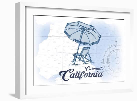 Coronado, California - Beach Chair and Umbrella - Blue - Coastal Icon-Lantern Press-Framed Art Print