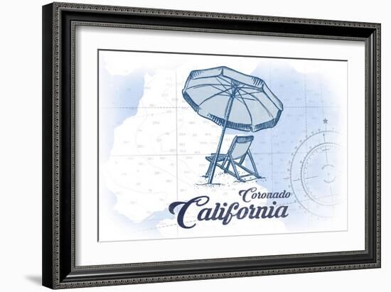 Coronado, California - Beach Chair and Umbrella - Blue - Coastal Icon-Lantern Press-Framed Art Print