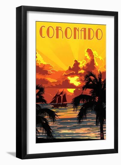 Coronado, California - Sunset and Ship-Lantern Press-Framed Art Print