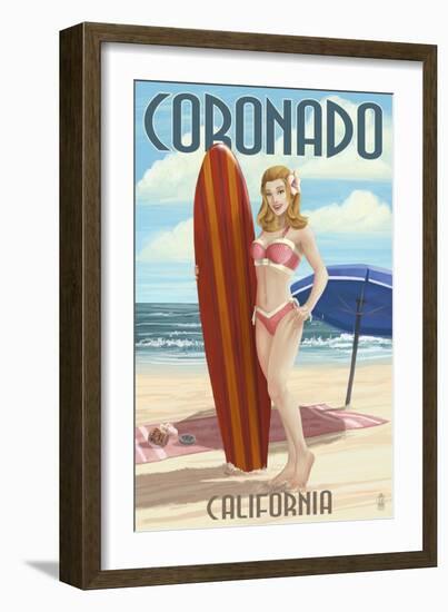 Coronado, California - Surfer Pinup-Lantern Press-Framed Art Print