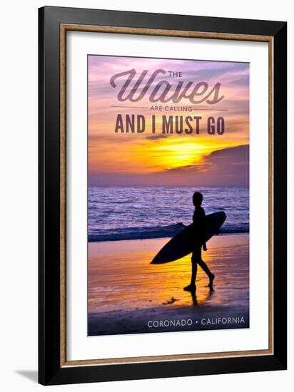 Coronado, California - the Waves are Calling - Surfer and Sunset-Lantern Press-Framed Art Print