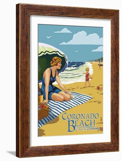 Coronado, California - Woman on Beach-Lantern Press-Framed Art Print