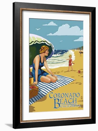 Coronado, California - Woman on Beach-Lantern Press-Framed Art Print