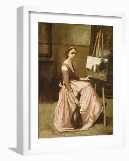 Corot's Studio (Young Girl in Pink Dress Sitting by an Easel with a Mandolin)-Jean-Baptiste-Camille Corot-Framed Giclee Print