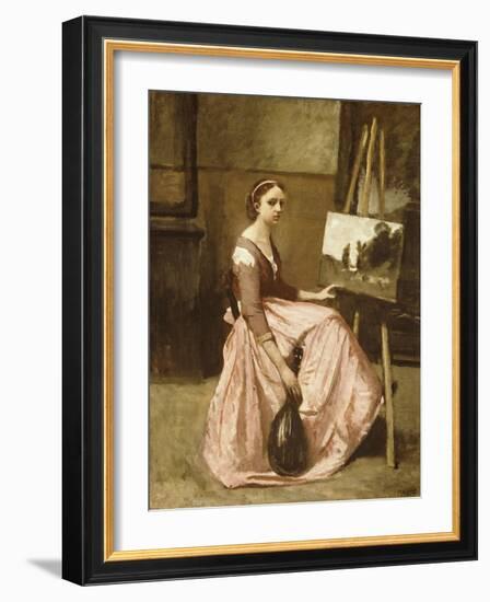 Corot's Studio (Young Girl in Pink Dress Sitting by an Easel with a Mandolin)-Jean-Baptiste-Camille Corot-Framed Giclee Print