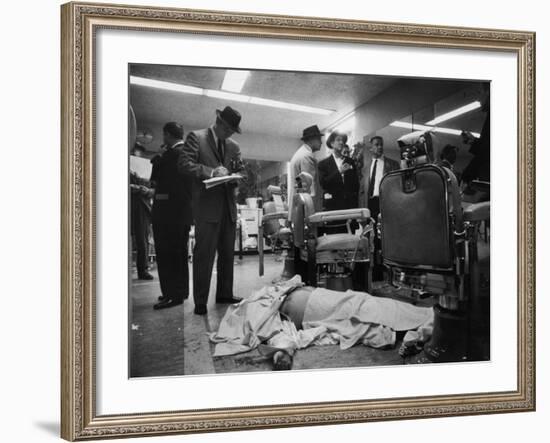 Corpse of Albert "The Executioner" Anastasia Covered with Barber Towels on Floor of Barber Shop-George Silk-Framed Premium Photographic Print
