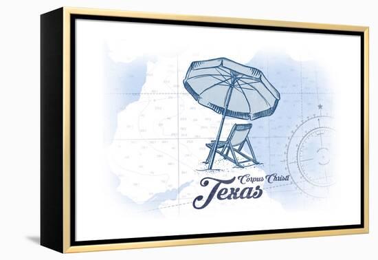 Corpus Christi, Texas - Beach Chair and Umbrella - Blue - Coastal Icon-Lantern Press-Framed Stretched Canvas