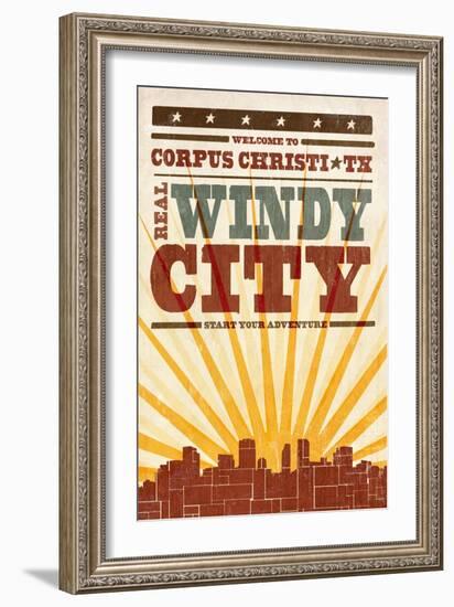 Corpus Christi, Texas - Skyline and Sunburst Screenprint Style-Lantern Press-Framed Art Print