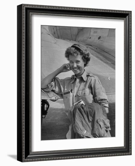 Correspondent Marguerite Higgins Smiling, Leaning Against Airplane-Carl Mydans-Framed Photographic Print