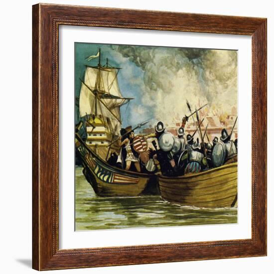 Cortes Captured the Young King Cuauhtemoc as He Tried to Escape by Canoe-Alberto Salinas-Framed Giclee Print