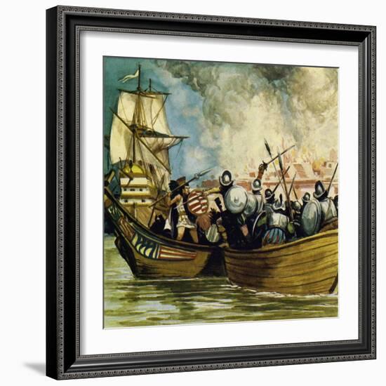 Cortes Captured the Young King Cuauhtemoc as He Tried to Escape by Canoe-Alberto Salinas-Framed Giclee Print