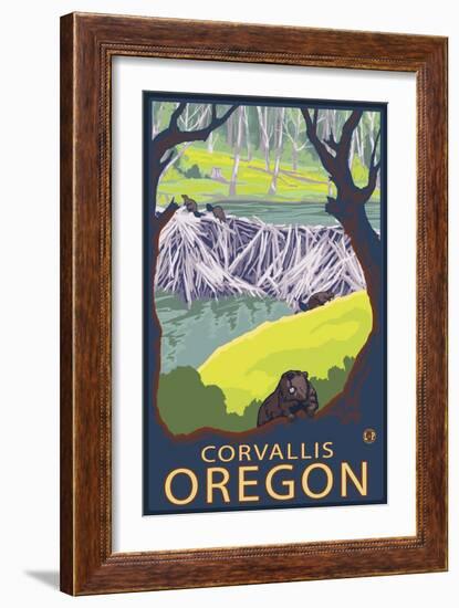 Corvallis, Oregon - Beaver Family-Lantern Press-Framed Art Print