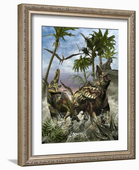 Corythosaurus Being Chased by a Tyrannosaurus Rex-Stocktrek Images-Framed Art Print