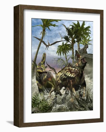 Corythosaurus Being Chased by a Tyrannosaurus Rex-Stocktrek Images-Framed Art Print