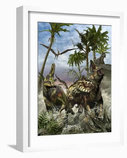 Corythosaurus Being Chased by a Tyrannosaurus Rex-Stocktrek Images-Framed Art Print