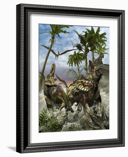 Corythosaurus Being Chased by a Tyrannosaurus Rex-Stocktrek Images-Framed Art Print