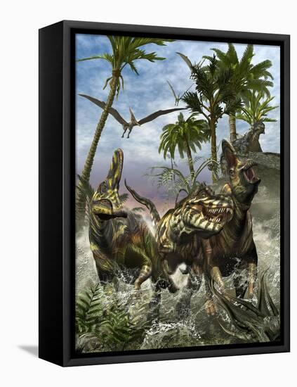 Corythosaurus Being Chased by a Tyrannosaurus Rex-Stocktrek Images-Framed Stretched Canvas