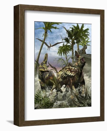 Corythosaurus Being Chased by a Tyrannosaurus Rex-Stocktrek Images-Framed Premium Giclee Print