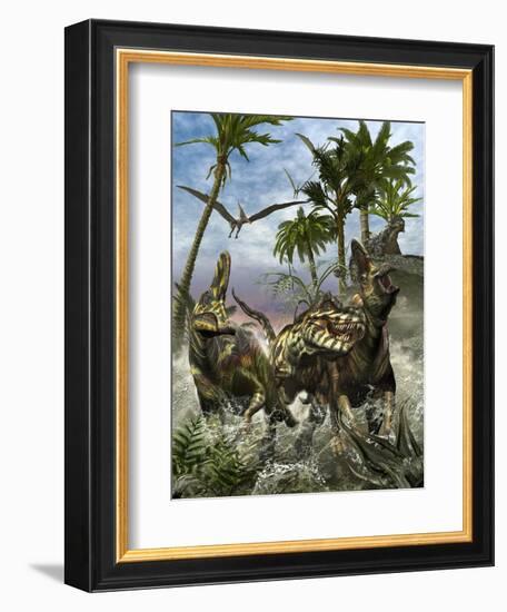 Corythosaurus Being Chased by a Tyrannosaurus Rex-Stocktrek Images-Framed Premium Giclee Print