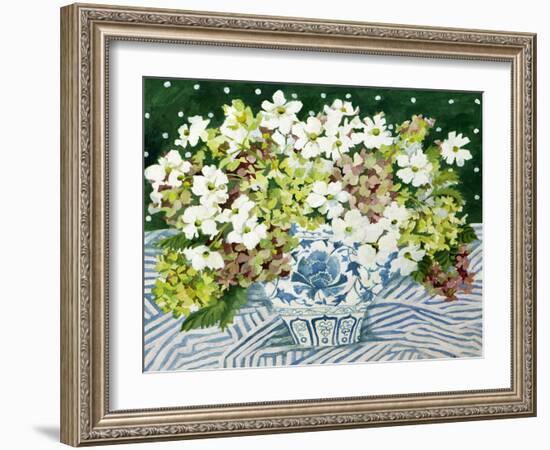 Cosmos and Hydrangeas in a Chinese Vase, 2013-Jennifer Abbott-Framed Giclee Print