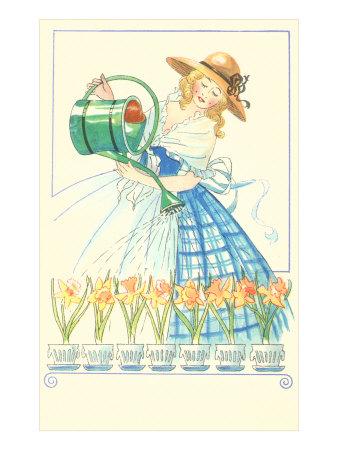 'Costumed Lady Watering Daffodils' Art Print | Art.com