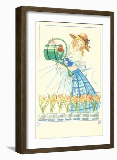 Costumed Lady Watering Daffodils-null-Framed Art Print