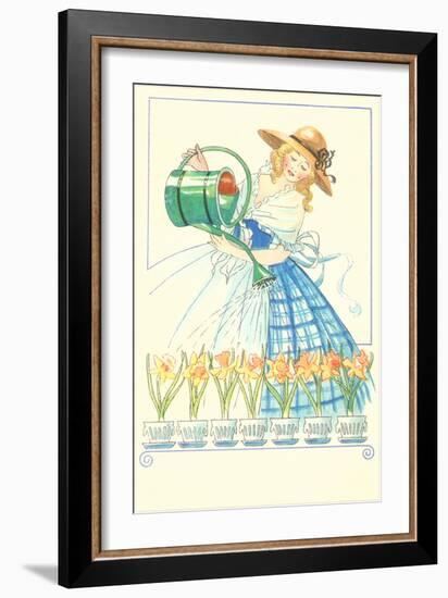 Costumed Lady Watering Daffodils-null-Framed Art Print