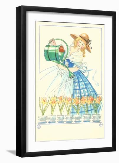 Costumed Lady Watering Daffodils-null-Framed Art Print