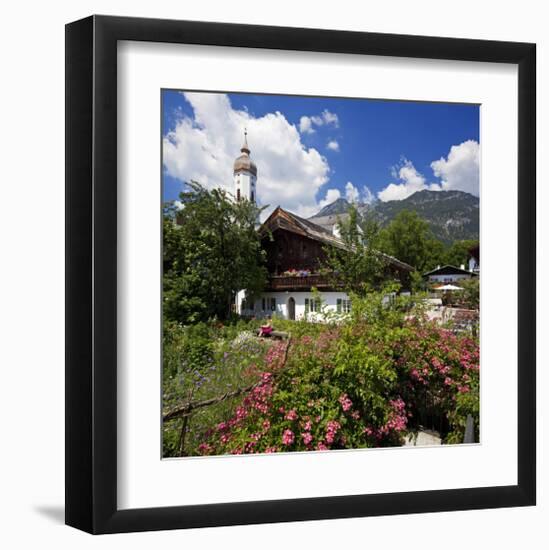 Cottage Garden at Polznkaspar House with Parish Church of St. Martin-null-Framed Art Print