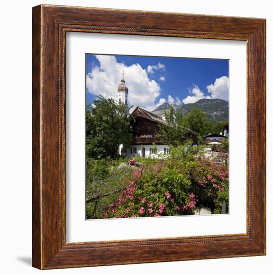 Cottage Garden at Polznkaspar House with Parish Church of St. Martin-null-Framed Art Print