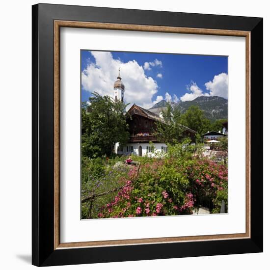 Cottage Garden at Polznkaspar House with Parish Church of St. Martin-null-Framed Art Print