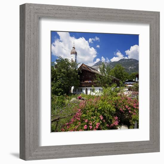 Cottage Garden at Polznkaspar House with Parish Church of St. Martin-null-Framed Art Print