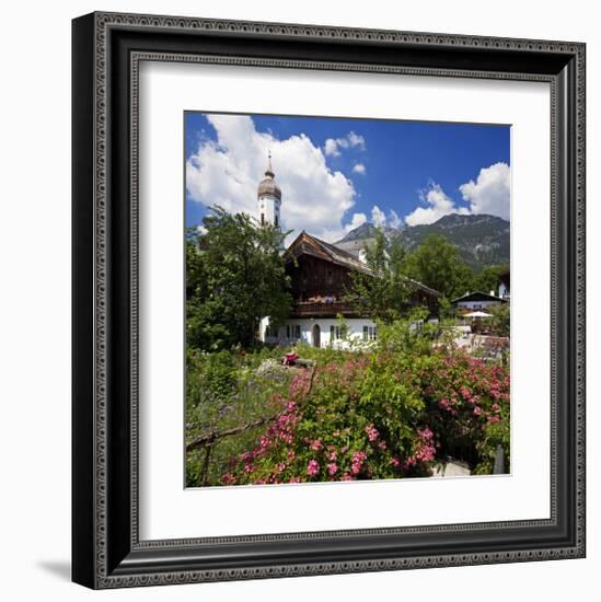 Cottage Garden at Polznkaspar House with Parish Church of St. Martin-null-Framed Art Print