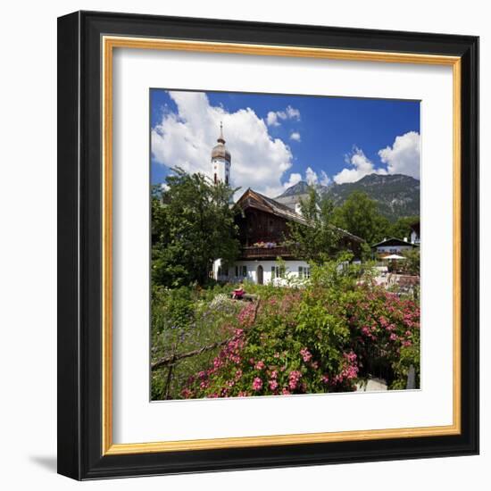 Cottage Garden at Polznkaspar House with Parish Church of St. Martin-null-Framed Art Print