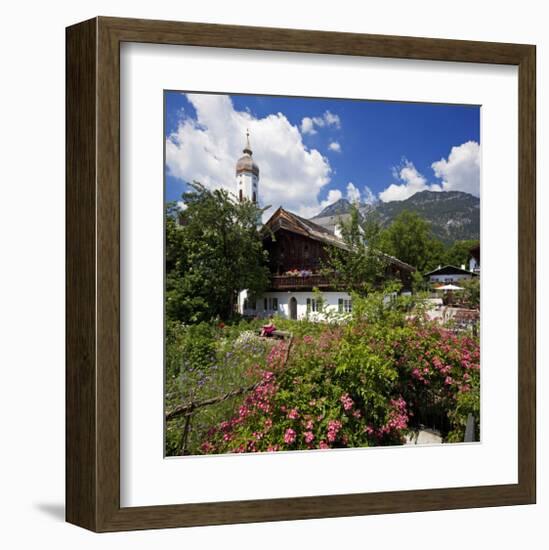 Cottage Garden at Polznkaspar House with Parish Church of St. Martin-null-Framed Art Print