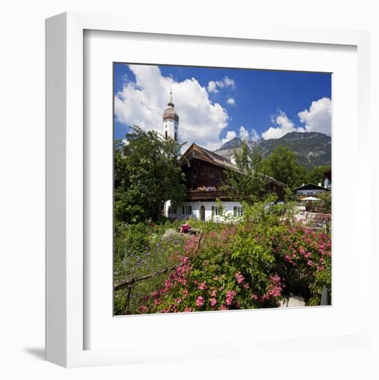 Cottage Garden at Polznkaspar House with Parish Church of St. Martin-null-Framed Art Print