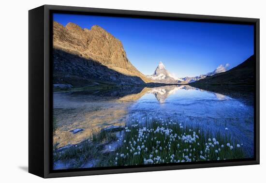 Cotton Grass Frame the Matterhorn Reflected in Lake Stellisee at Dawn, Switzerland-Roberto Moiola-Framed Premier Image Canvas