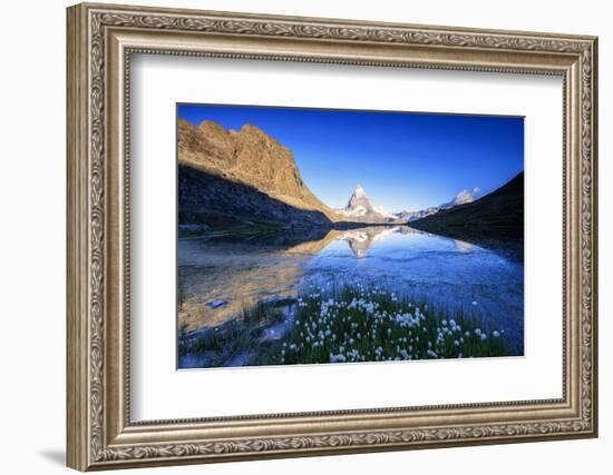 Cotton Grass Frame the Matterhorn Reflected in Lake Stellisee at Dawn, Switzerland-Roberto Moiola-Framed Photographic Print