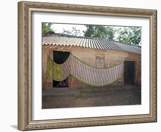 Cotton Sari Being Hung Out to Dry across Village House Wall, Rural Orissa, India, Asia-Annie Owen-Framed Photographic Print