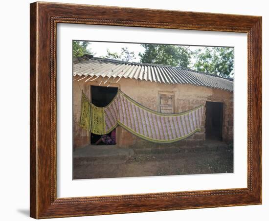 Cotton Sari Being Hung Out to Dry across Village House Wall, Rural Orissa, India, Asia-Annie Owen-Framed Photographic Print