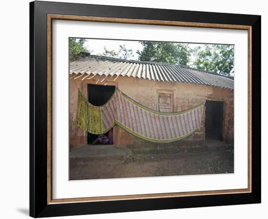 Cotton Sari Being Hung Out to Dry across Village House Wall, Rural Orissa, India, Asia-Annie Owen-Framed Photographic Print
