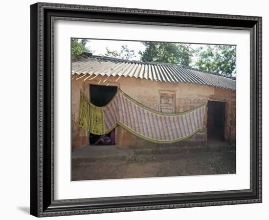 Cotton Sari Being Hung Out to Dry across Village House Wall, Rural Orissa, India, Asia-Annie Owen-Framed Photographic Print