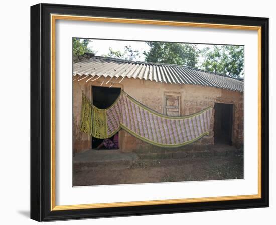 Cotton Sari Being Hung Out to Dry across Village House Wall, Rural Orissa, India, Asia-Annie Owen-Framed Photographic Print